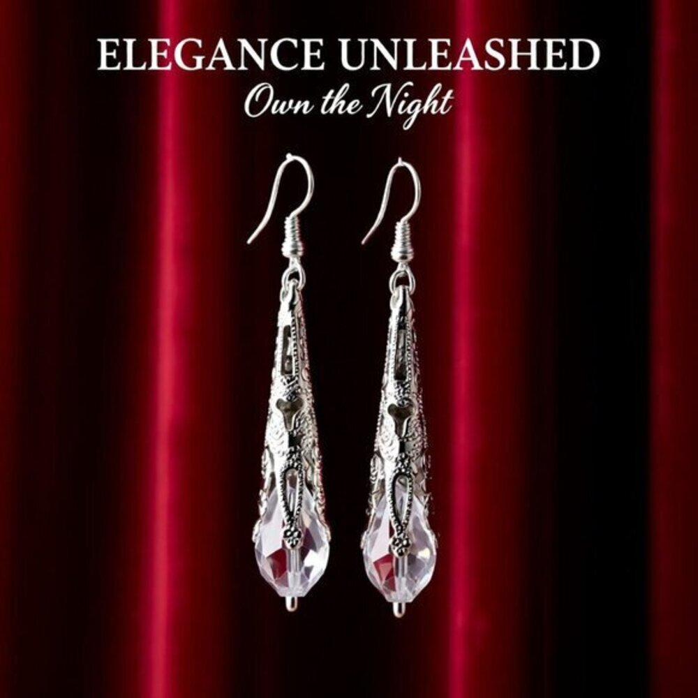 Silver Filigree & Clear Beaded Dangle Earrings - Extra Long & Lightweight